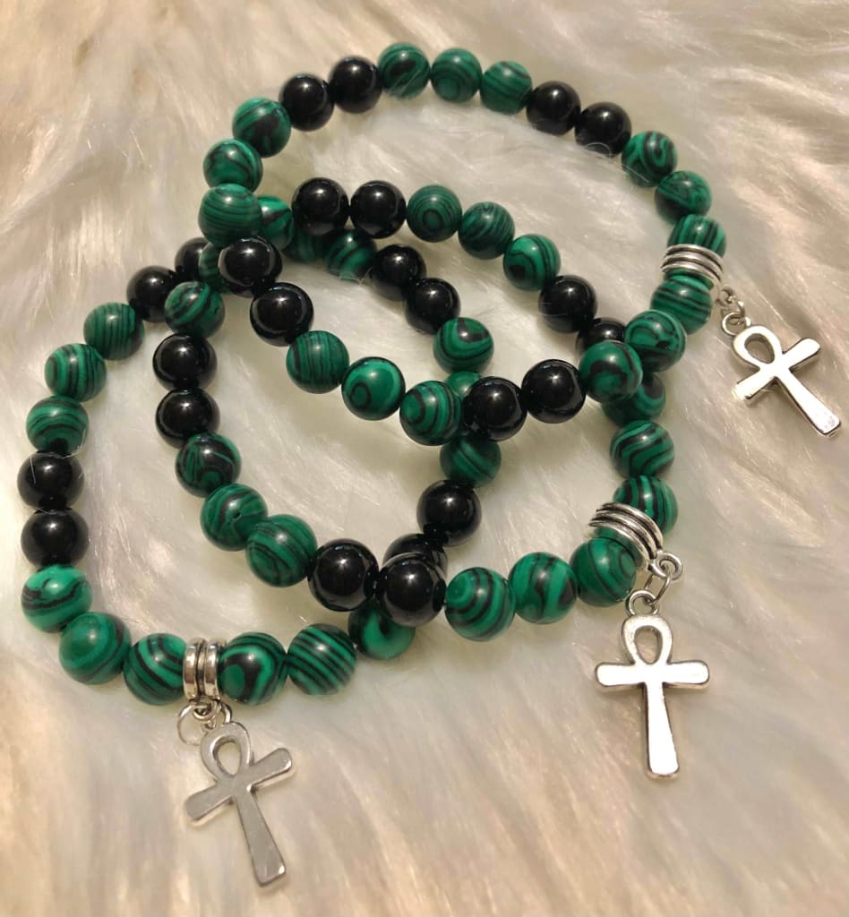 Malachite x Onyx x Ankh Charm Bracelet-Bracelets-DopeAlchemy-DopeAlchemy.com