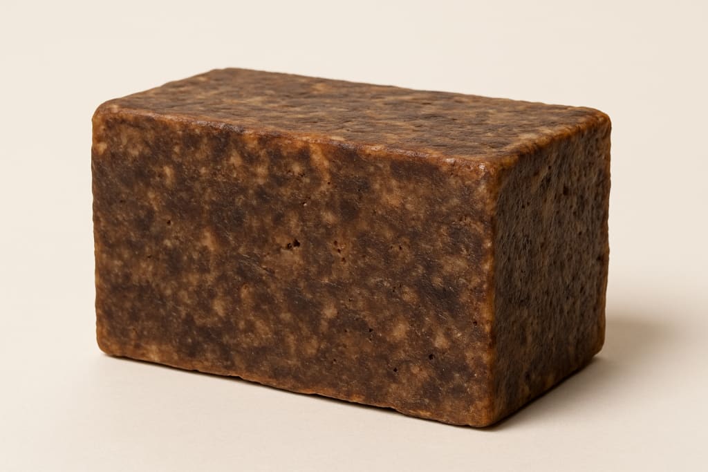 Rust-colored rectangular block on a beige background