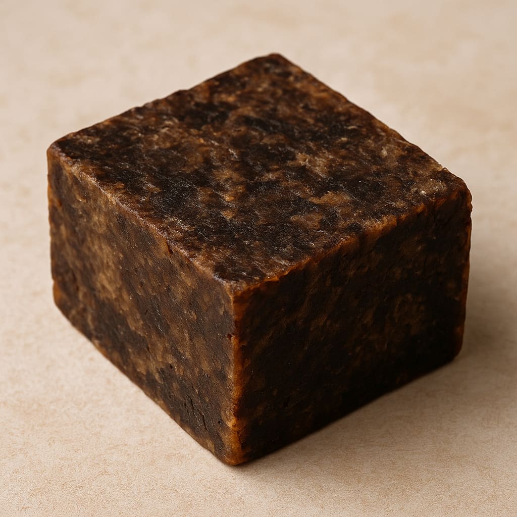 Cube of dark brown chocolate on a beige background