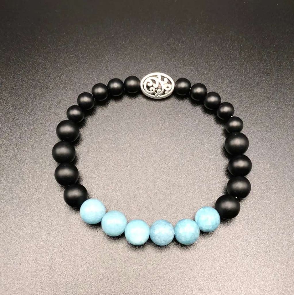 Blue Chalcedony x Onyx Silver Charm Bracelet-Bracelet-DopeAlchemy-DopeAlchemy.com