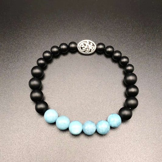 Blue Chalcedony x Onyx Silver Charm Bracelet-Bracelet-DopeAlchemy-DopeAlchemy.com