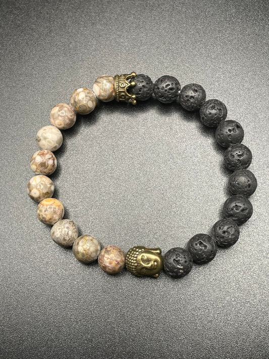 Cowrie x lava stone x bronze buddha charm bracelet