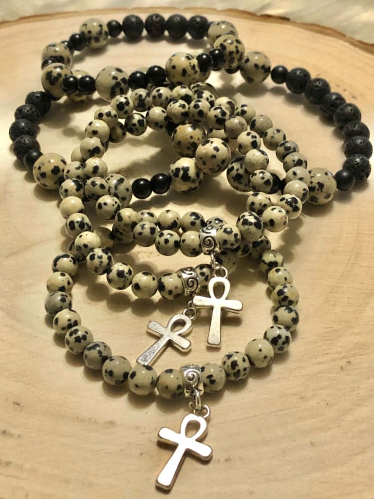 Dalmatian Jasper x Ankh Charm Bracelet-Bracelets-DopeAlchemy-DopeAlchemy.com