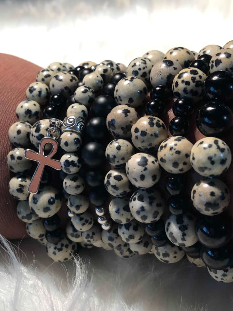 Dalmatian Jasper x Ankh Charm Bracelet-Bracelets-DopeAlchemy-DopeAlchemy.com