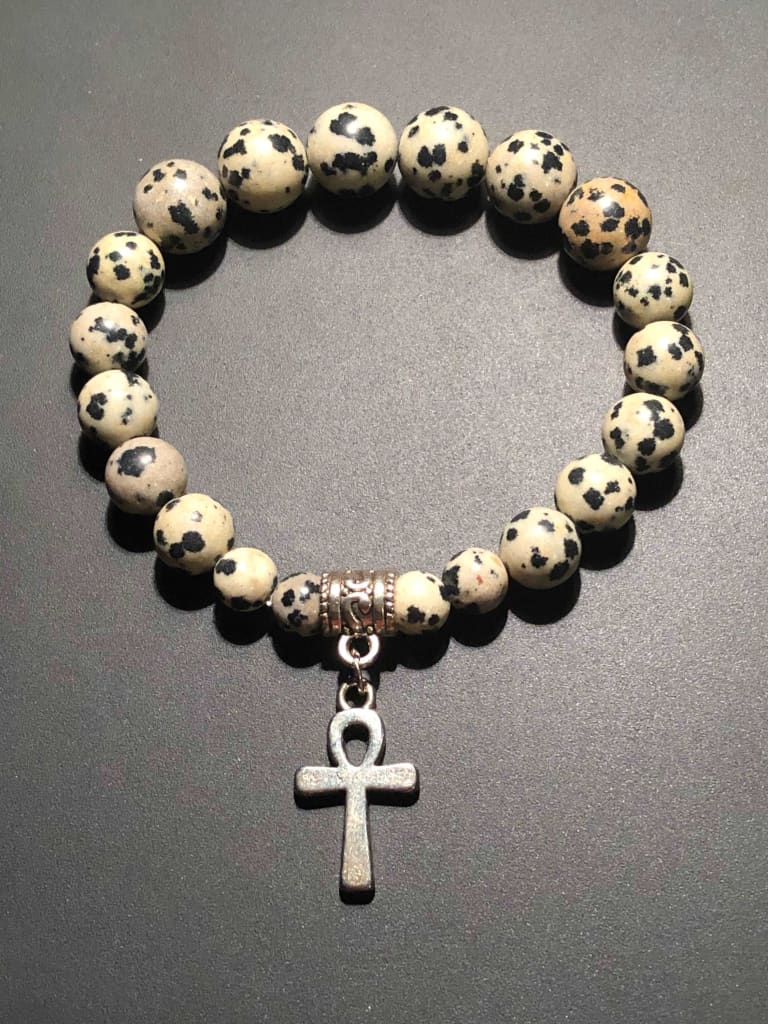 Dalmatian Jasper x Ankh Charm Bracelet-Bracelets-DopeAlchemy-DopeAlchemy.com