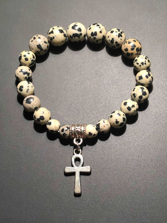 Dalmatian Jasper x Ankh Charm Bracelet-Bracelets-DopeAlchemy-DopeAlchemy.com