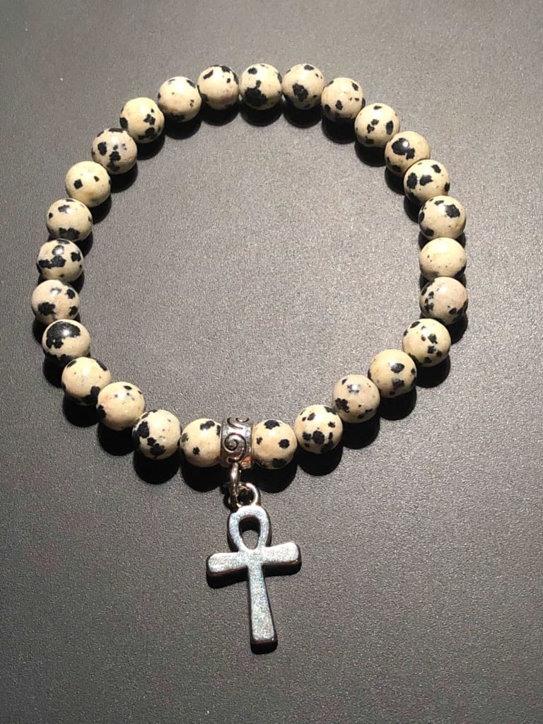 Dalmatian Jasper x Ankh Charm Bracelet-Bracelets-DopeAlchemy-DopeAlchemy.com