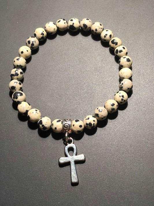 Dalmatian Jasper x Ankh Charm Bracelet-Bracelets-DopeAlchemy-DopeAlchemy.com