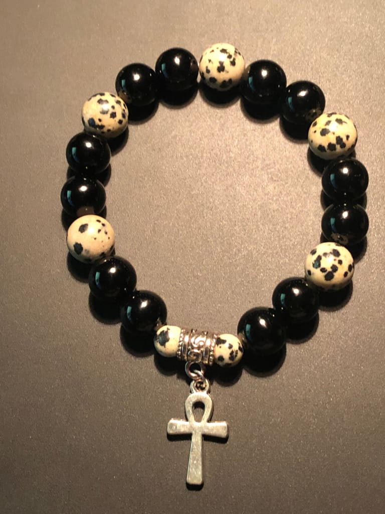 Onyx x Dalmatian Jasper x Ankh Charm bracelet DopeAlchemy