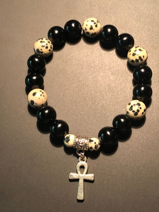 Onyx x Dalmatian Jasper x Ankh Charm bracelet DopeAlchemy