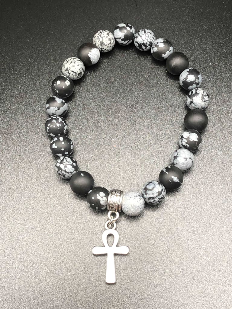 Frosted Snowflake Obsidian x Ankh Charm Bracelet-Bracelets-DopeAlchemy-DopeAlchemy.com