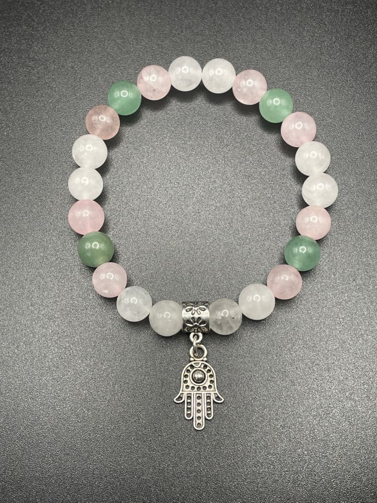 Green aventurine x rose quartz x white jade x hamsa charm