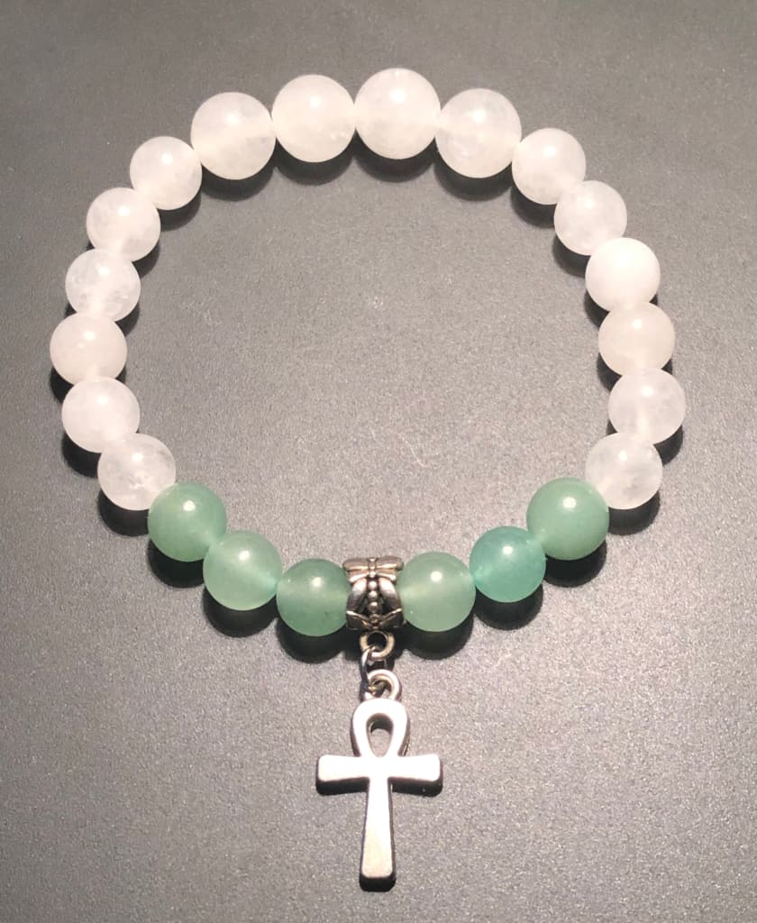 Green aventurine x white jade x ankh charm bracelet