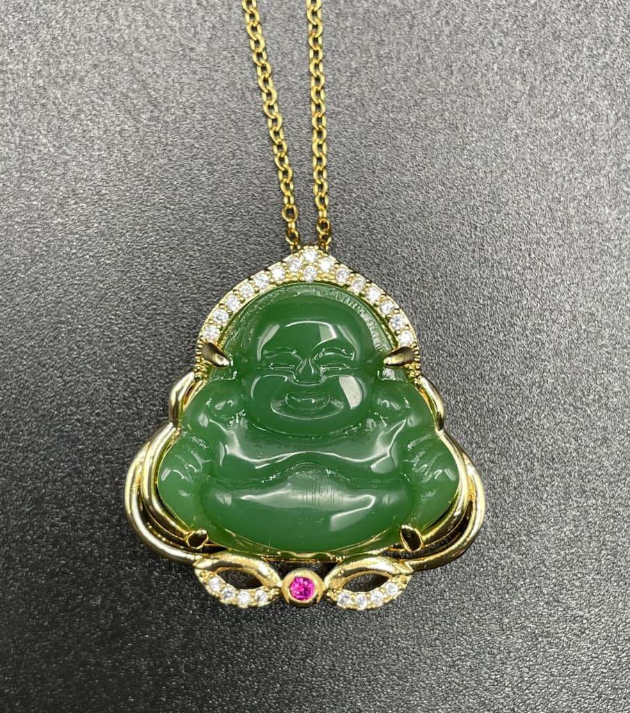 Green jade x gold x laughing buddha pendant necklace