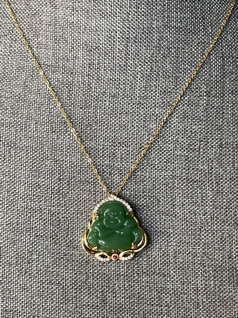 Green jade x gold x laughing buddha pendant necklace