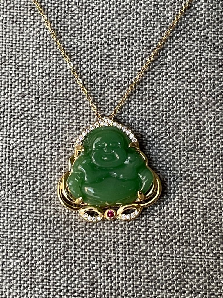 Green jade x gold x laughing buddha pendant necklace