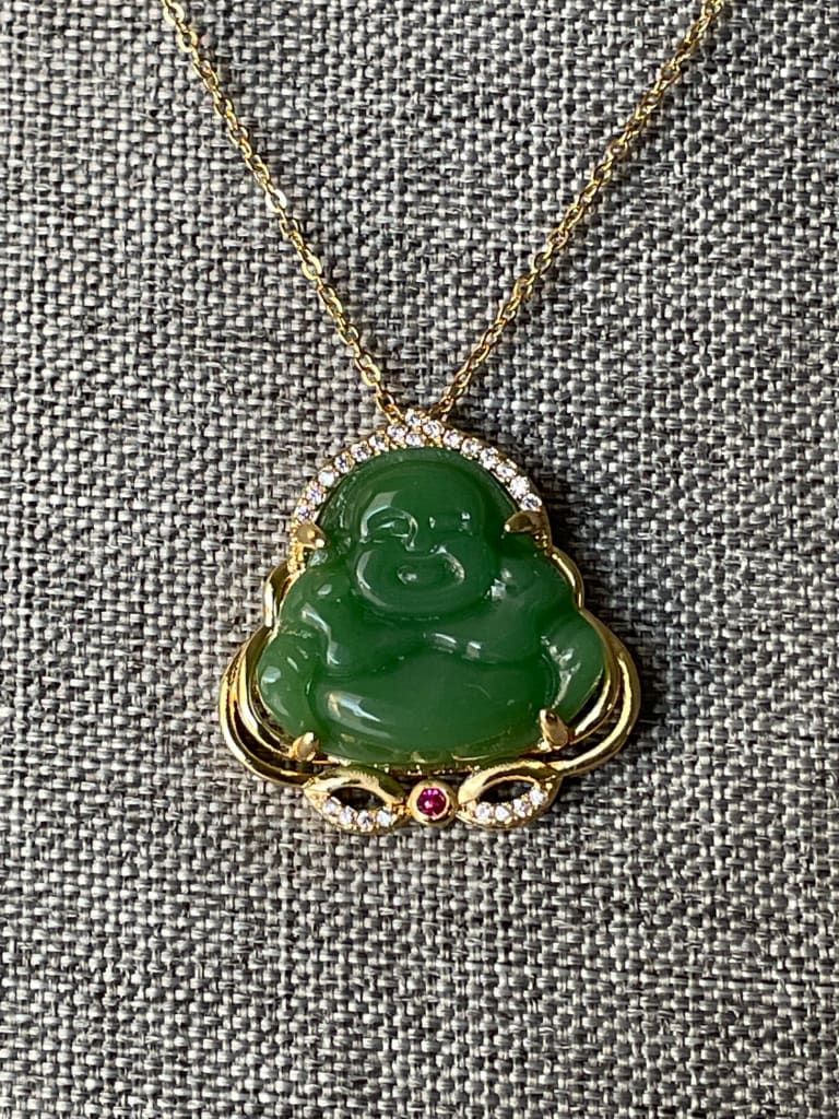 Green jade x gold x laughing buddha pendant necklace
