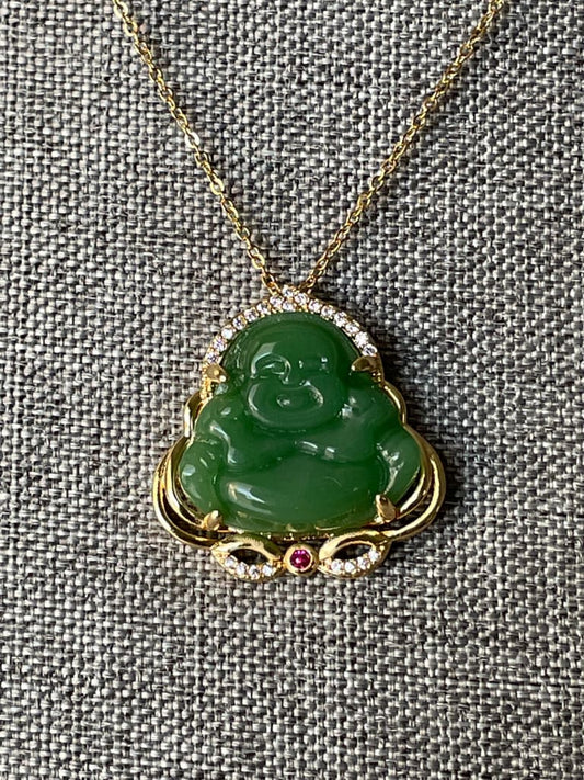 Green jade x gold x laughing buddha pendant necklace