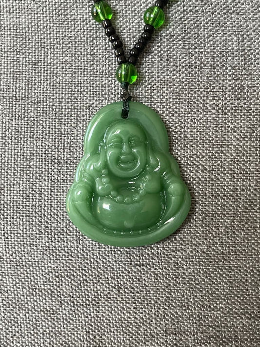 Green jade x laughing buddha pendant necklace - Pendant