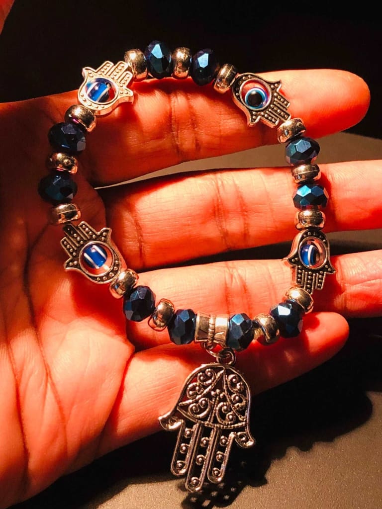 Hand of Fatima, “Hamsa”, Evil Eye Charm Bracelet-Bracelets-DopeAlchemy-Black-DopeAlchemy.com