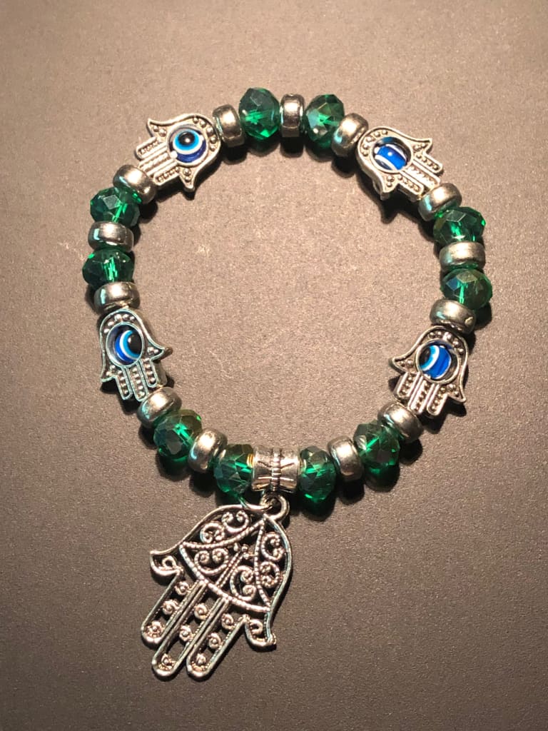 Hand of fatima “hamsa” evil eye charm bracelet - Green