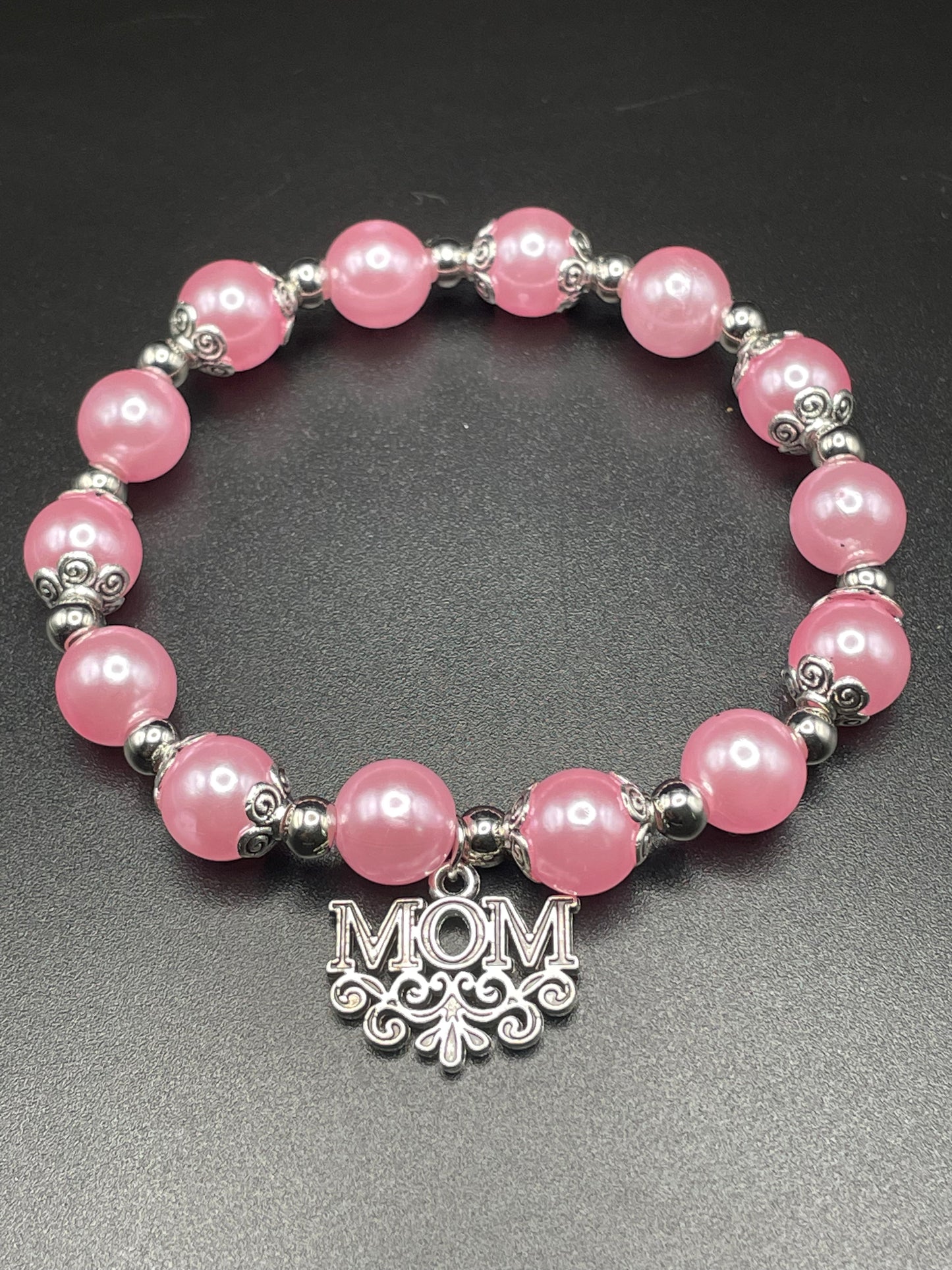 Mother’s Day “Mom” Pink Pearl Charm Bracelet