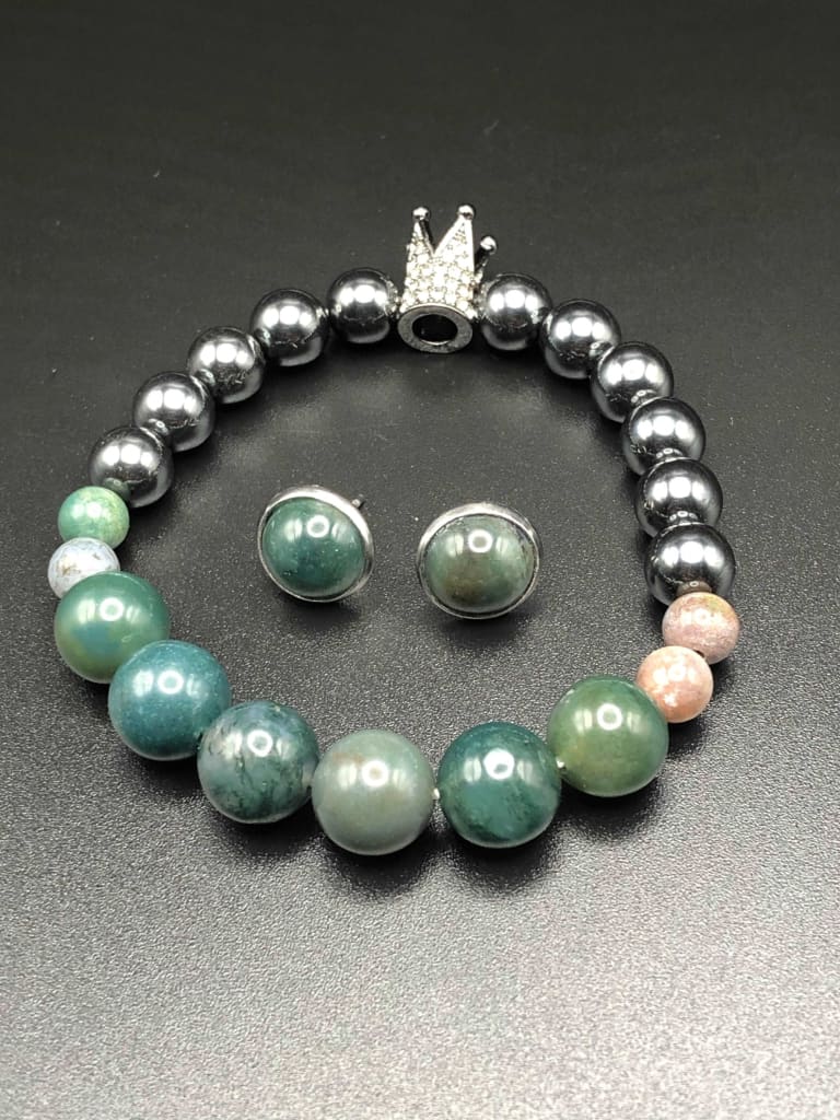 Indian Agate x Hematite Bracelet and Earring set-Bracelets-DopeAlchemy-DopeAlchemy.com