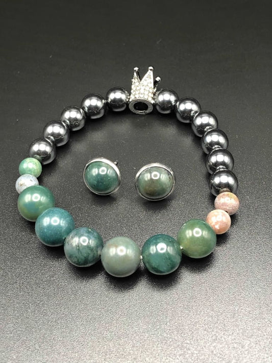 Indian Agate x Hematite Bracelet and Earring set-Bracelets-DopeAlchemy-DopeAlchemy.com