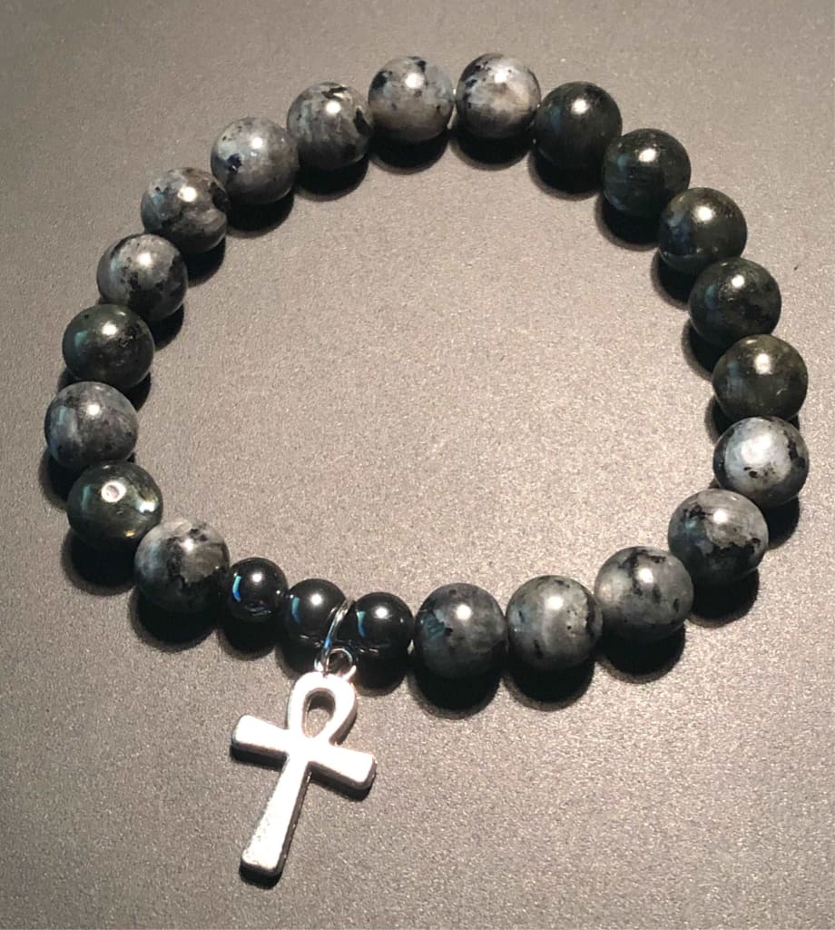 Larvikite X Ankh Charm Bracelet-Bracelets-DopeAlchemy-Black Hematite-DopeAlchemy.com