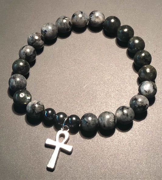 Larvikite X Ankh Charm Bracelet-Bracelets-DopeAlchemy-Black Hematite-DopeAlchemy.com