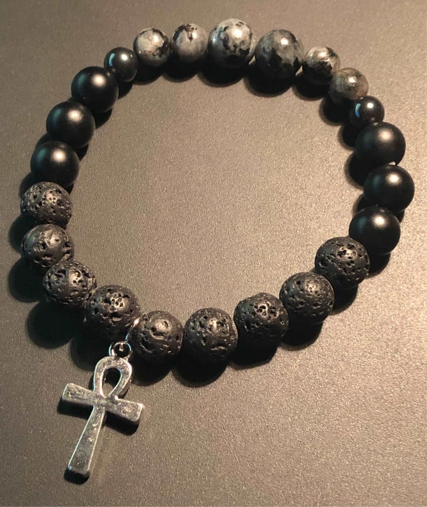 Larvikite X Ankh Charm Bracelet-Bracelets-DopeAlchemy-Onyx x Hematite-DopeAlchemy.com