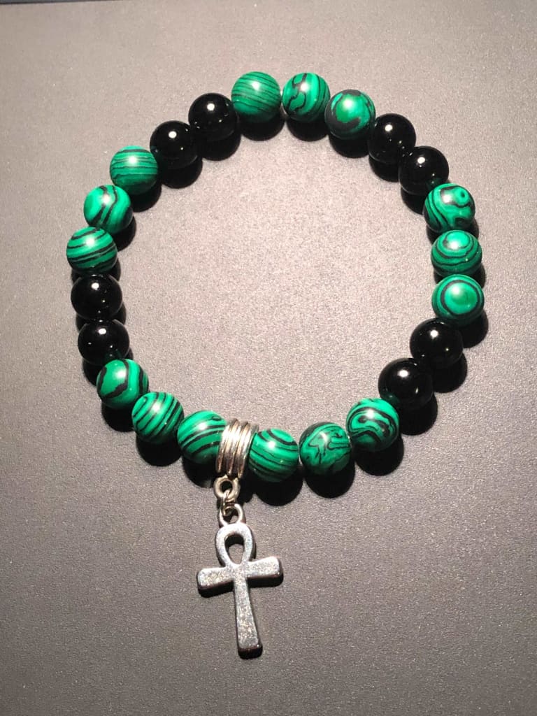 Malachite x Onyx x Ankh Charm Bracelet-Bracelets-DopeAlchemy-DopeAlchemy.com