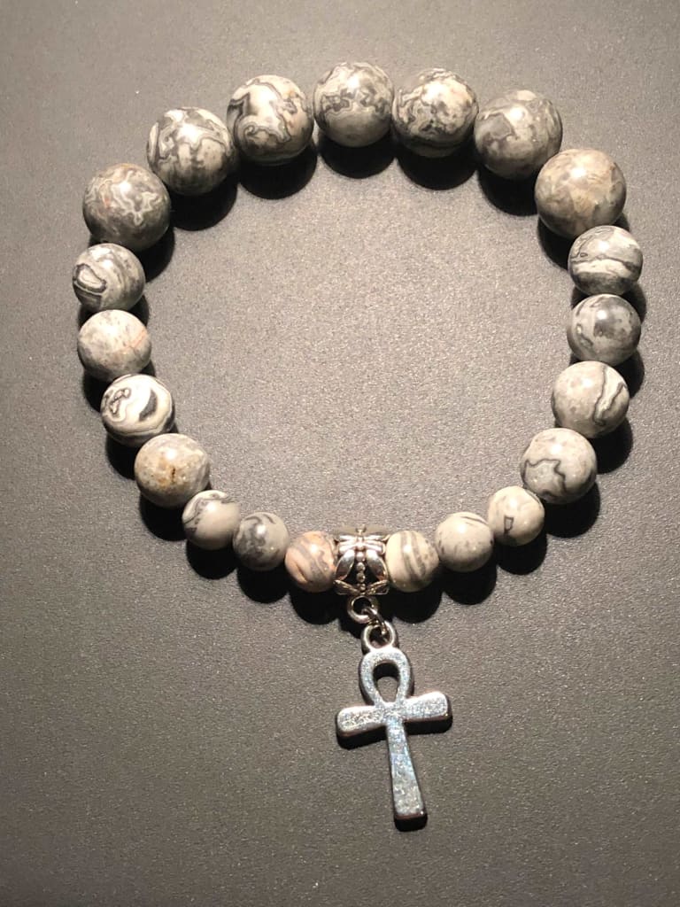 Map Jasper x Ankh Charm Bracelet-Bracelets-DopeAlchemy-DopeAlchemy.com