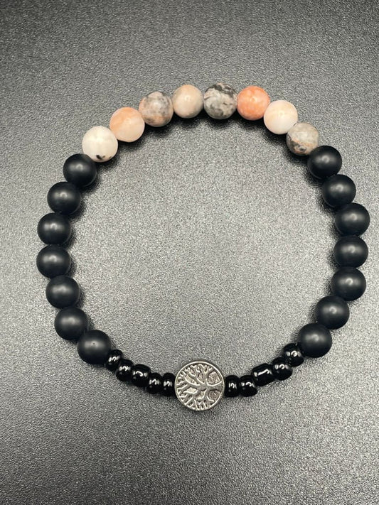 Pink zebra jasper x onyx x tree of life charm bracelet