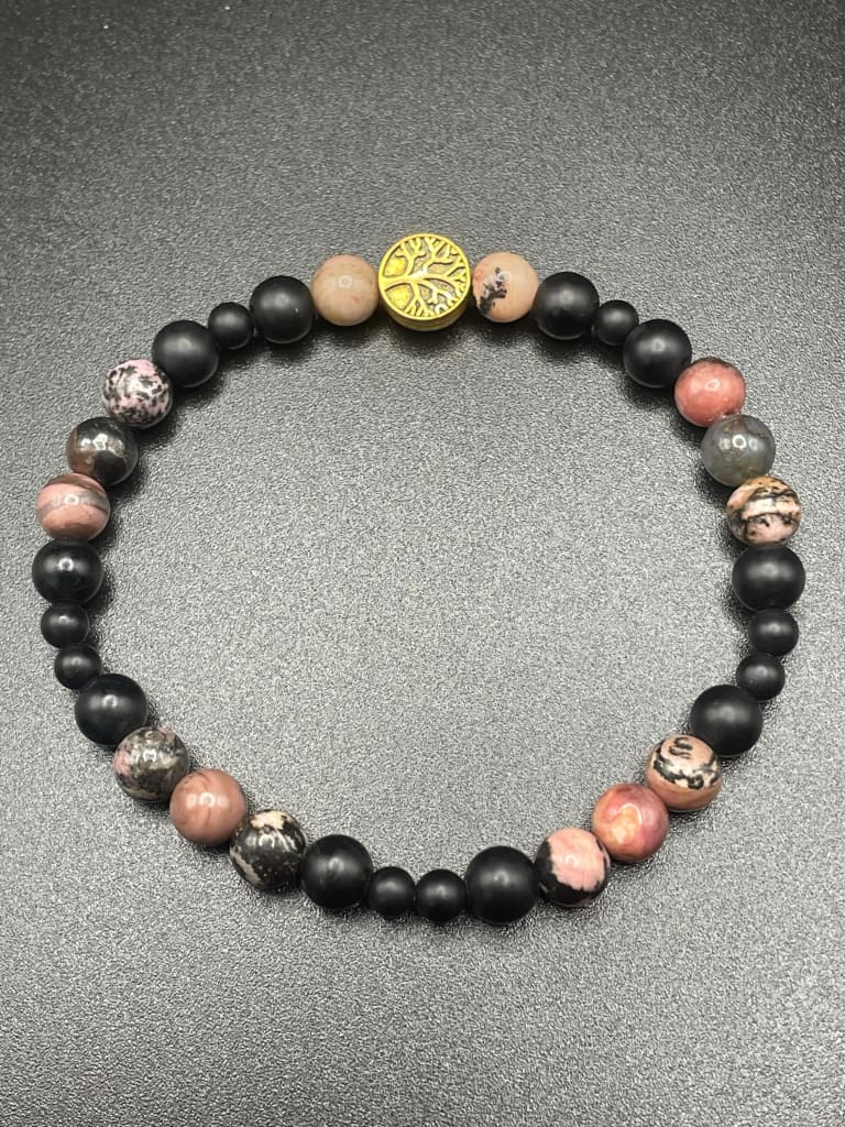 Rhodonite x onyx x tree of life charm bracelet - Bracelets