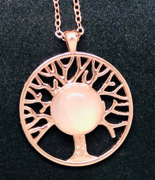 Rose gold tree of life x rose quartz pendant necklace