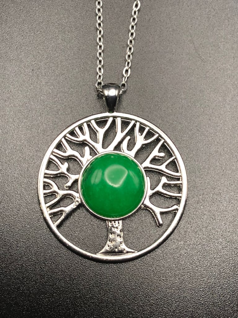 Silver tree of life x green jade pendant necklace - Pendant