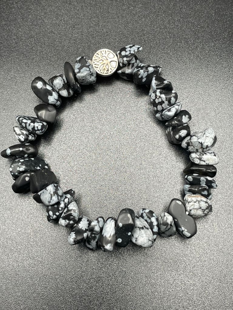 Snowflake obsidian x tree of life chipped stone bracelet