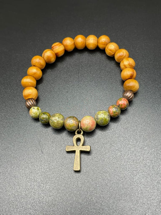 Unakite x wood x ankh charm bracelet - Bracelets