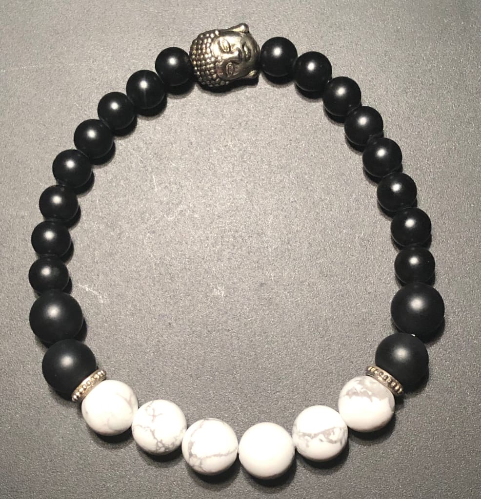 White howlite x onyx x silver buddha charm bracelet