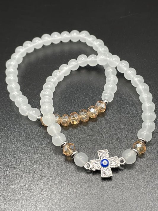 White jade x evil eye x cross charm bracelet - Bracelets
