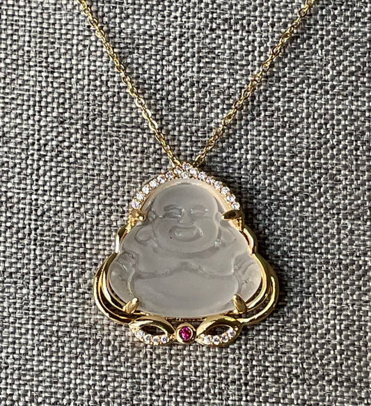 White jade x gold x laughing buddha pendant necklace
