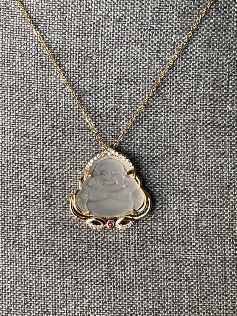 White jade x gold x laughing buddha pendant necklace