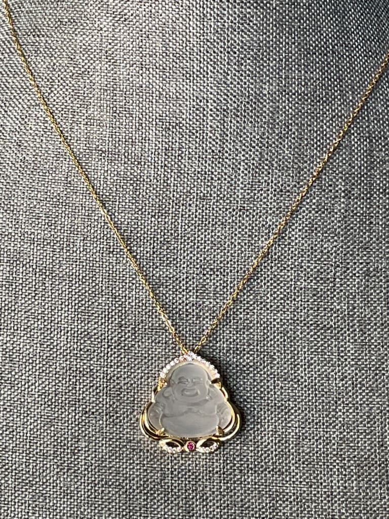 White jade x gold x laughing buddha pendant necklace