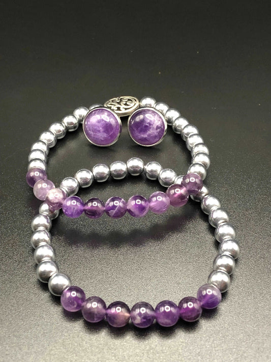 Amethyst x Hematite bracelet and earring set-Jewelry Sets-DopeAlchemy-DopeAlchemy.com