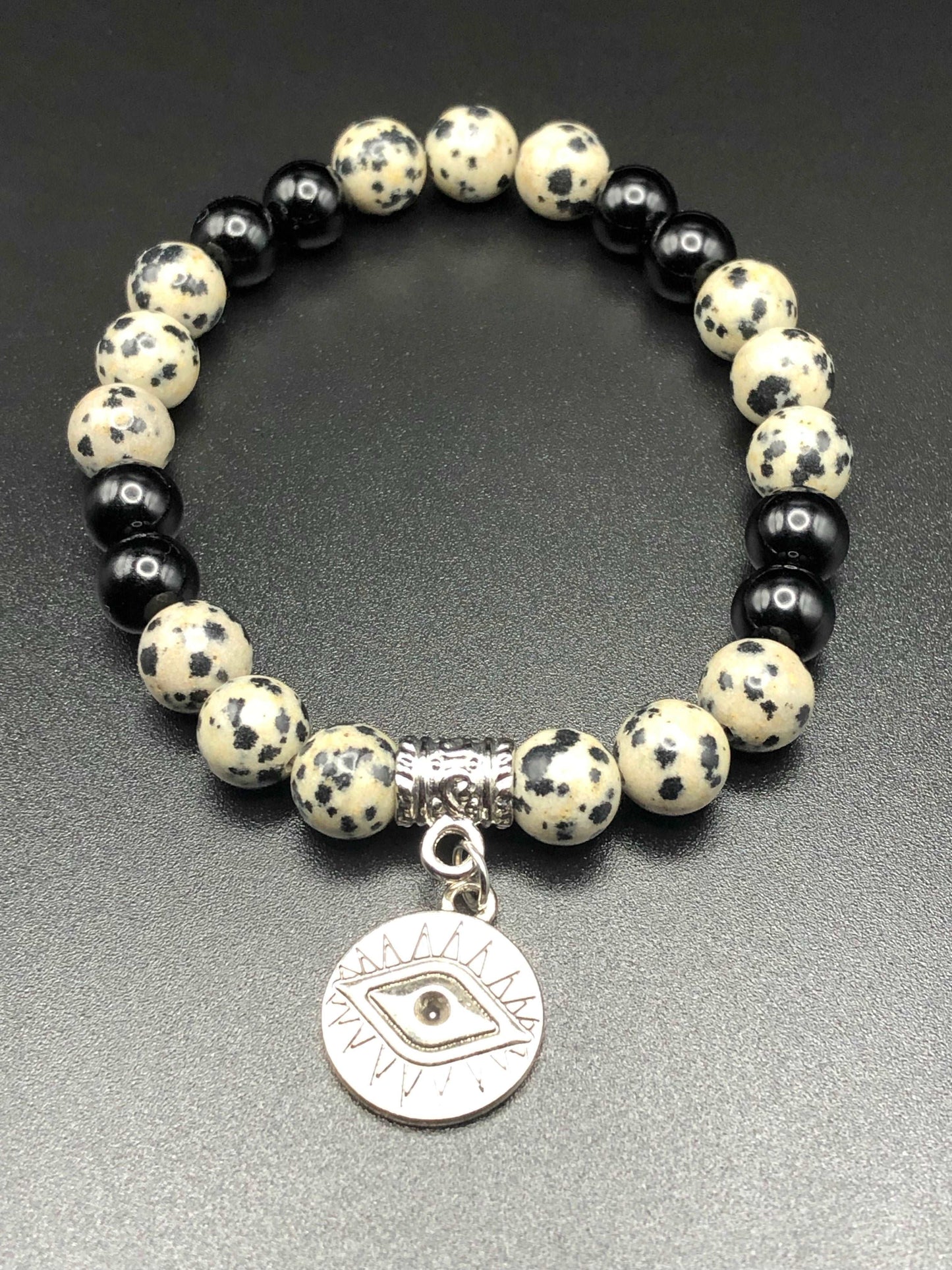 Dalmatian Jasper x Onyx x Evil Eye Charm bracelet-Bracelets-DopeAlchemy-DopeAlchemy.com