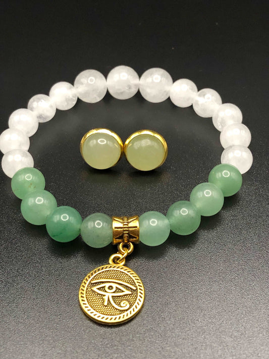 Green Aventurine x White Jade x Eye of Horus bracelet and earring set-Jewelry Sets-DopeAlchemy-DopeAlchemy.com