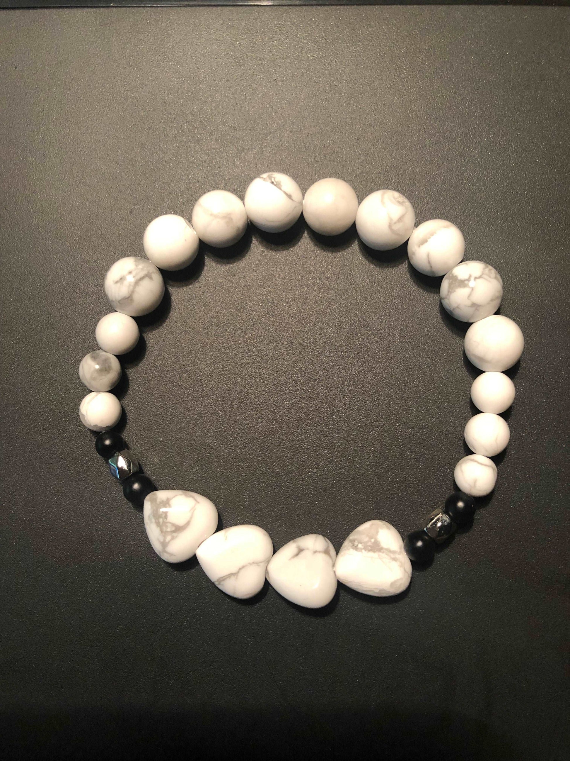 Howlite x Onyx Heart Shaped Bracelet-Bracelets-DopeAlchemy-DopeAlchemy.com