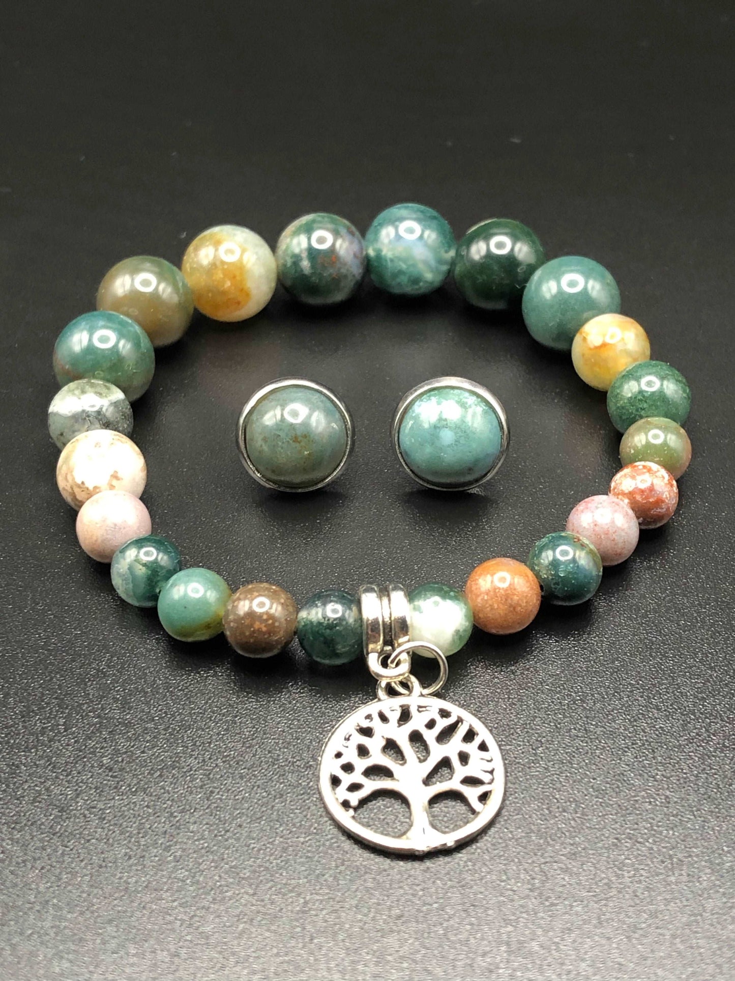 Indian Agate x Tree of Life Charm bracelet and earring set-Jewelry Sets-DopeAlchemy-DopeAlchemy.com