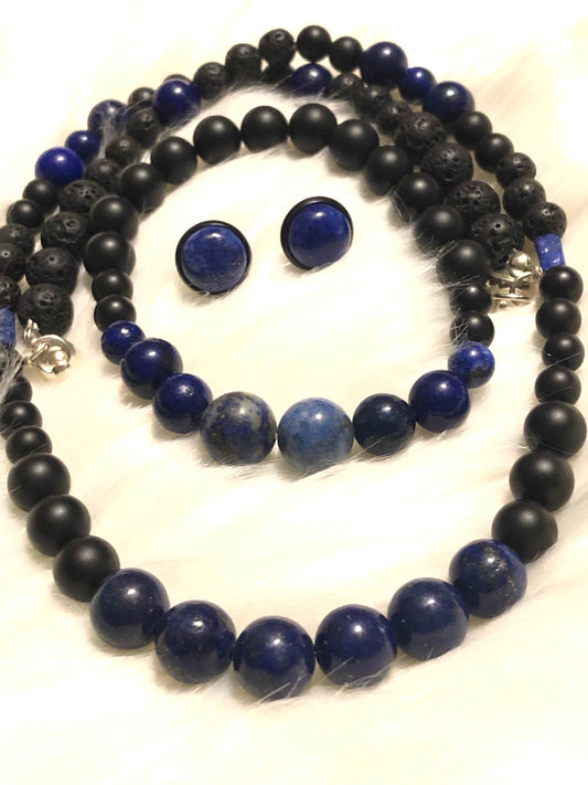 Lapis Lazuli x Onyx bracelet, earrings, & Necklace set-Bracelet and necklace set-DopeAlchemy-DopeAlchemy.com